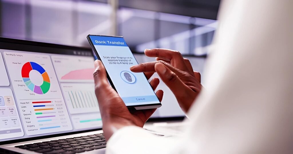 Person using mobile banking app with fingerprint authentication next to laptop showing analytics dashboard